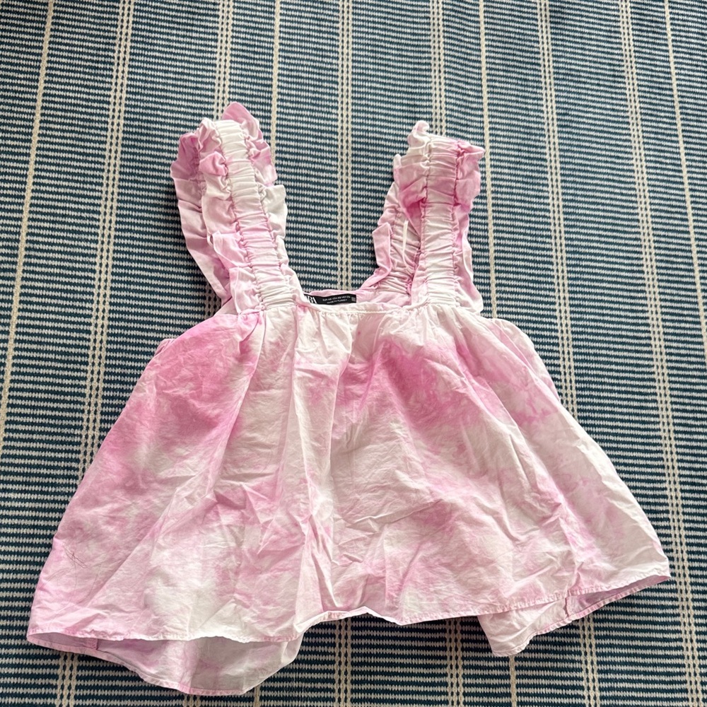 Zara Pink and White Ruffled Sleeveless Top